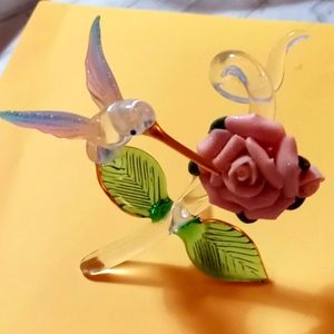 Hand Spun Glass Hummingbird With Porcelain Rose, Beautiful color and detail